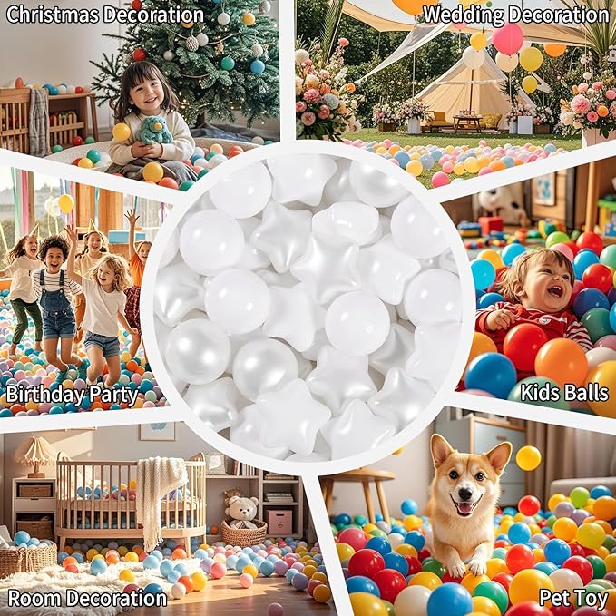 GOGOSO Ball Pit Balls for Toddler, Baby Plastic Playballs Kids Soft Pastel Pelotas Non-Toxic BPA-Free, Pearl White+White Star Balls,100 Balls