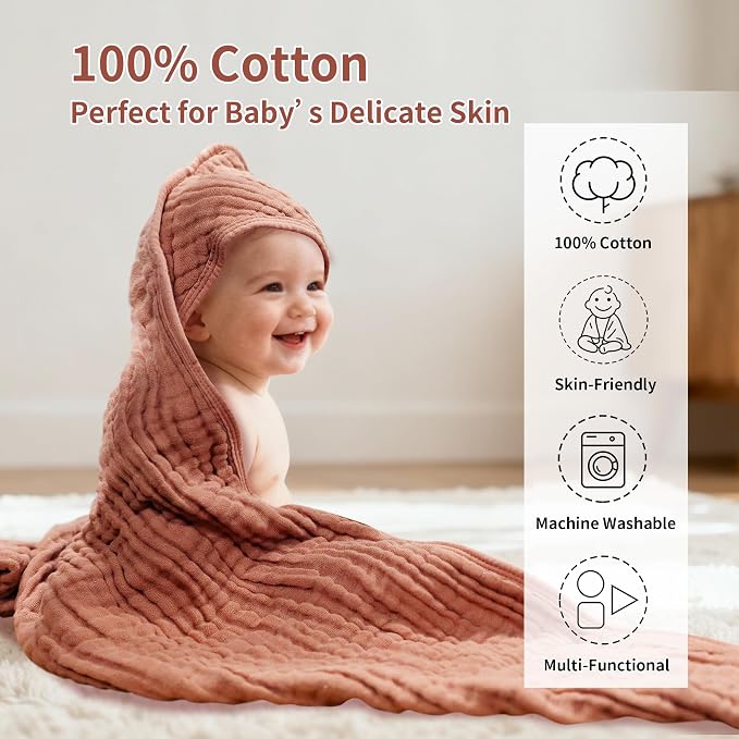 2 Pack 6-Layer Plain Muslin Baby Hooded Towels, 100% Pure Cotton, Zero Shrink, Ultra Soft Newborn Towels, 32x32 Inch Minimalist Neutral, Terracotta & Milan