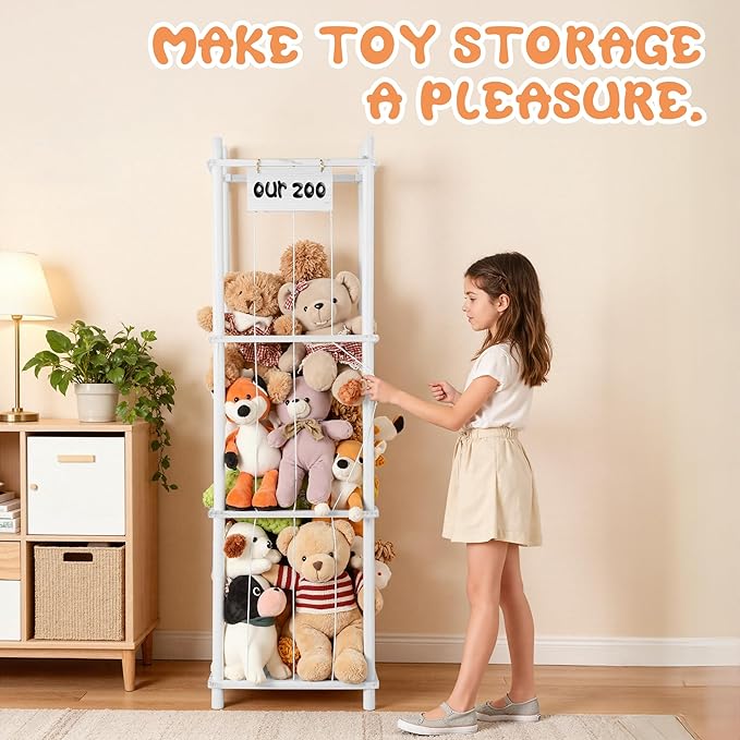 LAMU Stuffed Animal Storage, Wooden Zoo Stuffed Animal Holder with Elastic Cords, Space Save Toy Organizer, Extra Large Capacit Stuffed Animal Organizer for Playroom, Bedroom, Nursery, White
