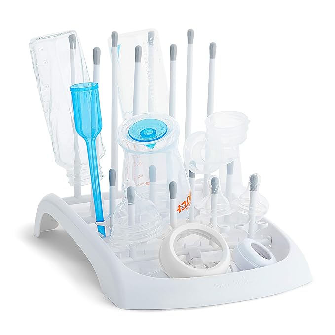 Munchkin Fold Baby Bottle Drying Rack and Bristle Bottle Brush Cleaning Essentials Set, White/Grey