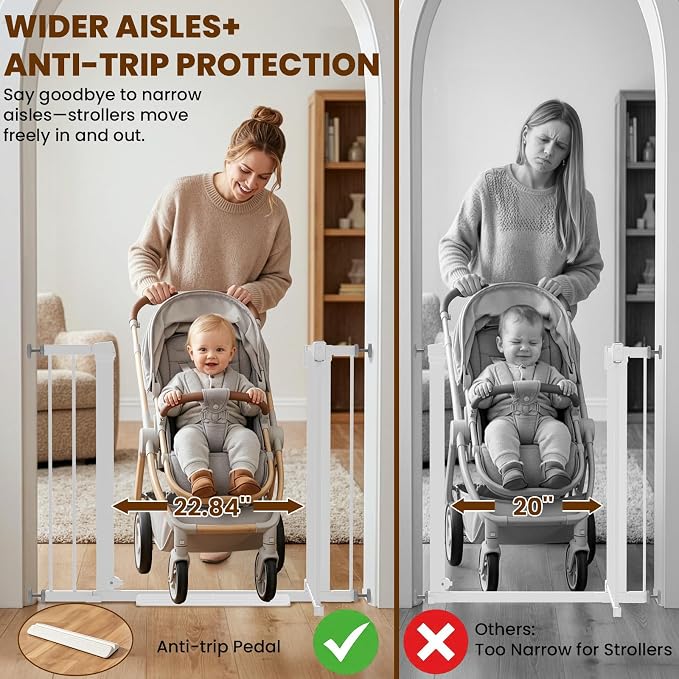 Mumeasy 29.7-40.6" Baby Gate for Stairs, Auto Close Dog Gate for Doorways, Pressure Mounted No Drill Pet Gate with Easy Walk Thru Door, Double Lock, White
