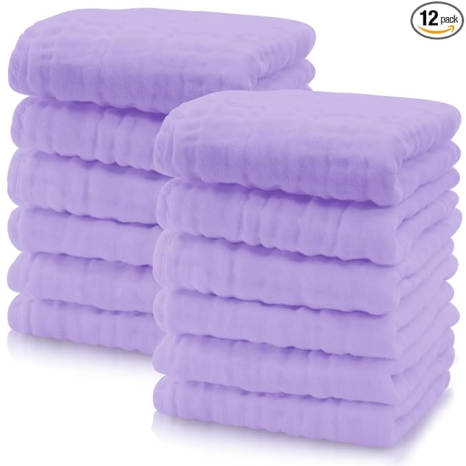 Cute Castle 12 Pack Muslin Baby Washcloths - Large 12'' by 12'' - Ultra Soft 100% Cotton - Super Absorbent Burp Cloths for Unisex, Boy, Girl -Purple
