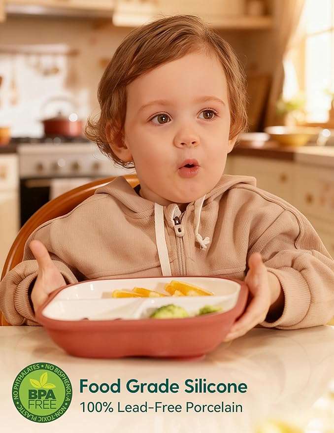 Babelio 8'' Toddler Porcelain Plates with Silicone Suction Sleeves, Lead & BPA Free, Divided, Microwave & Dishwasher Safe, Stay Put, Suitable for Kids, 3 Pack