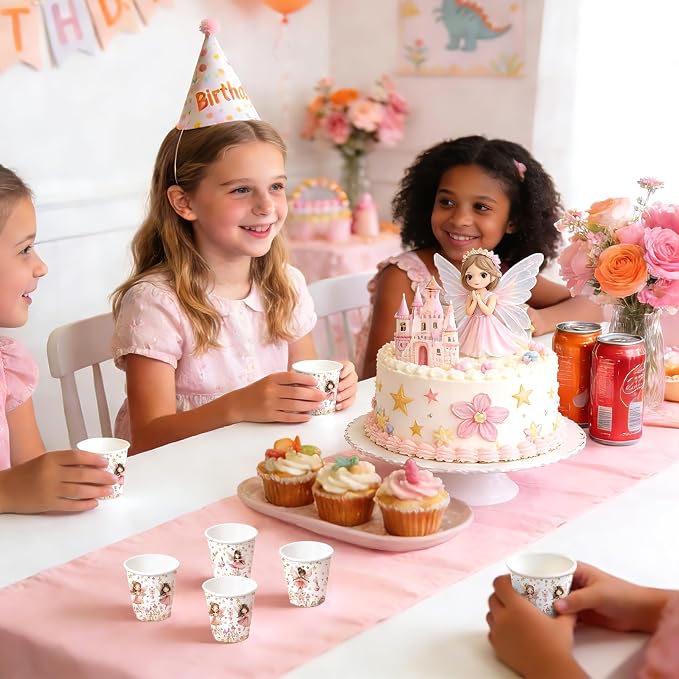 WRAPAHOLIC 3oz Fairy Birthday Paper Cups - 100 Pack Disposable Bathroom Cups with Flower Fairy Castle Design, Small Mouthwash Cup for Toothbrush Rinse, Home Bathroom and Baby Girls Shower