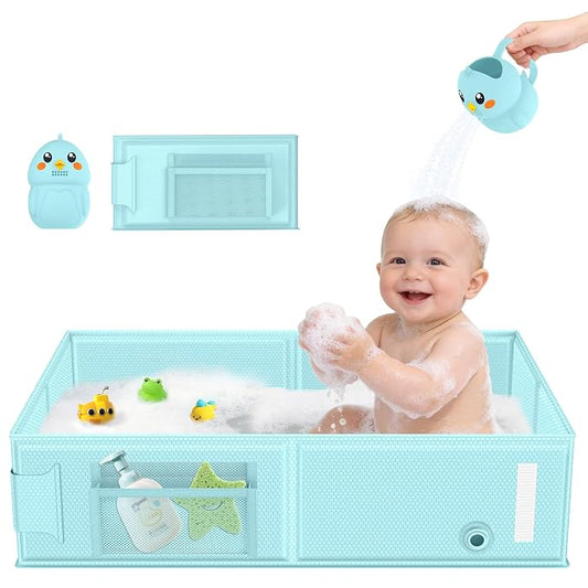 Collapsible Baby Bathtub, Foldable Toddler Bath Tub with Chick Pattern Bath Rinse Cup, No Assembly Portable Travel Bathtub for 6M-5Y, Ideal for Shower, Travel Essentials & Baby Registry Gift