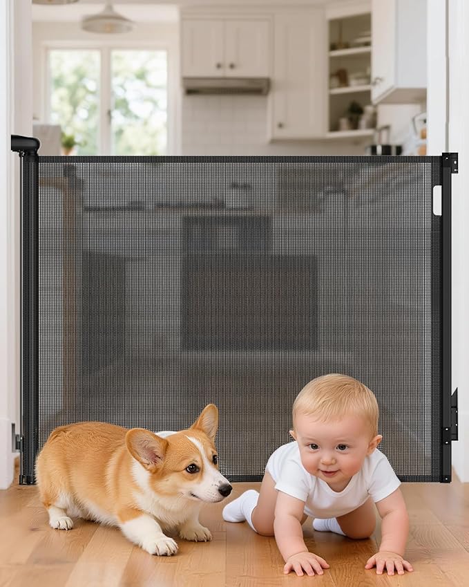 Retractable Baby Gate 38" Tall, 71" Wide Mesh Baby Gate for Doorways, Mesh Dog Gate Retractable with Auto-Tighten System, One-Hand Operation Indoor Pet Gate, Black