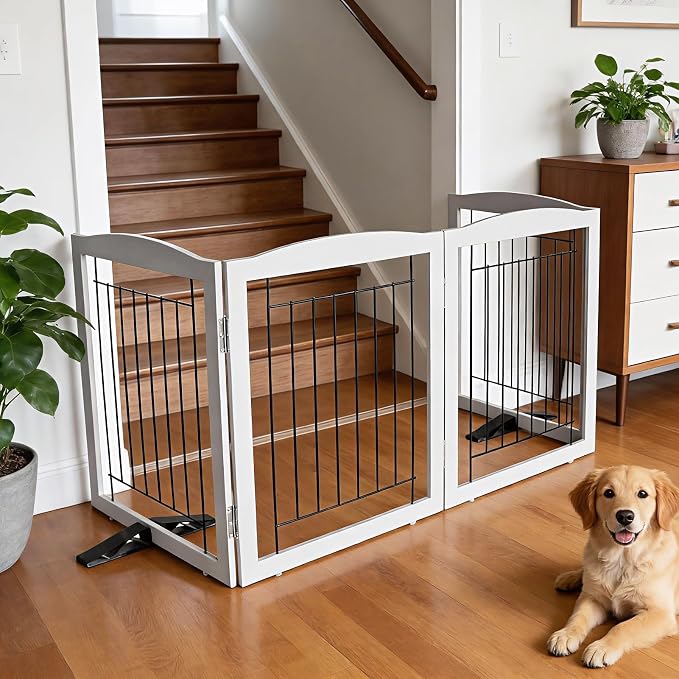 Dog Fence Indoor,Dog Gate Indoor for Doorway pet gate -2-Panel Freestanding, Hallways, House or Stairs -40x32-Inch Retractable Foldable Expandable Wood Pet by SFJC (Grey) ﻿