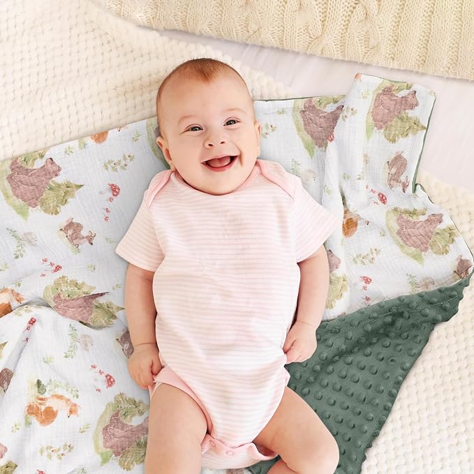 GLLQUEN BABY Blankets for Boys Girls, Soft Muslin Cotton Front Dotted Fleece Backing, Nursery Minky Crib Blanket for Infant Toddler, 30 x 40 inches Throw Blanket, Animals