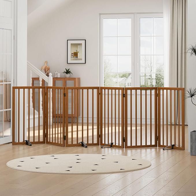 Dog Gates for Doorways, Tall Dog Gate Indoor, Foldable Pet Gates for Doorways Bedroom, Freestanding Puppy Gate with Metal Support Feet, Room Divider,6 Panels (Walnut)