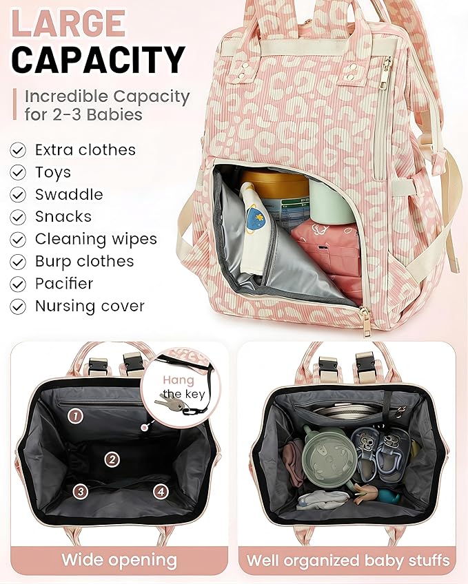 Corduroy Diaper Bag Backpack, Large Capacity Multifunction Baby Diaper Bags for Women, Insulated Bottle Pockets & Pacifier Case, Stylish Travel Nappy Changing Bags for Mom Dad (Leopard Pink)