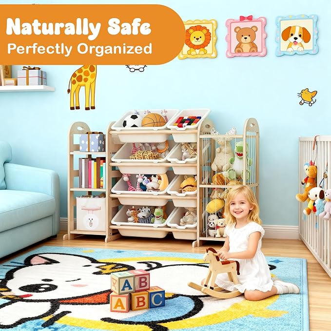 Wooden Toy Storage Organizer, Toy Organizers & Storage with Stuffed Animal Storage, Toy Storage Shelf with 3 Shelves, 8 Storage Bins, Kids Bookshelf, Toy Holder for Toddler Rooms, Playrooms, Bedrooms