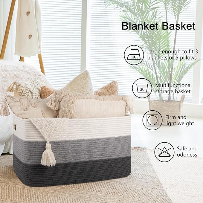 OIAHOMY Large Blanket Basket For Living Room, Rectangle Woven Baskets for Storage, Nursery Toy Storage With Handle-22?�x17?�x12??Gradient Dark Grey