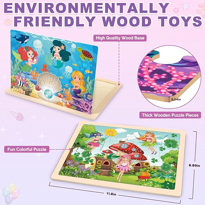 Wooden Princess Puzzles for Kids Age 3 4 5 Year Old, 4 Pack 24 Pcs Montessori Toddler Jigsaw Puzzles for Girl boy Activities Preschool Learning Educational Birthday Gift Travel Autistic Wooden Toys