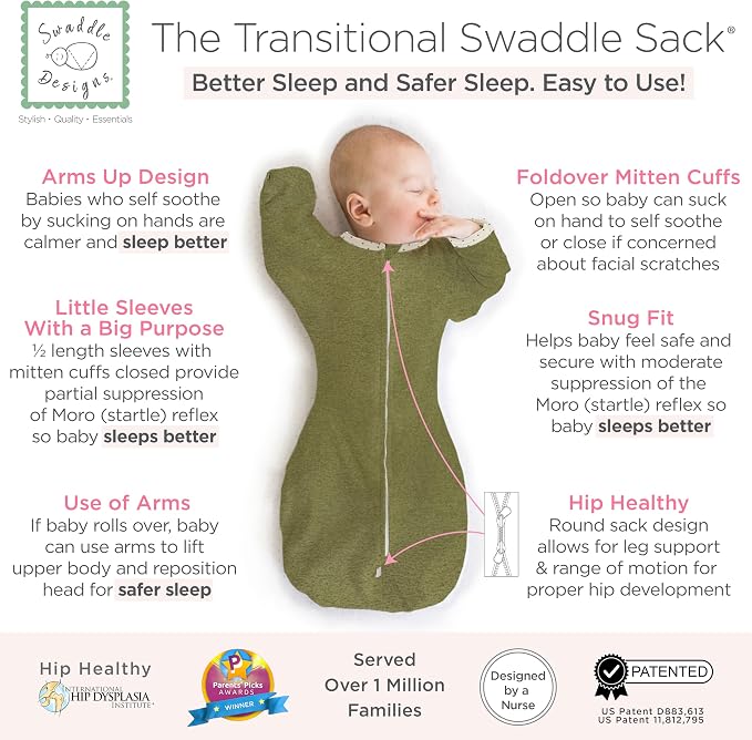 SwaddleDesigns Transitional Swaddle Sack, Arms Up Half-Length Sleeve Mitten Cuff, Most Gradual Transition Swaddle for Newborn