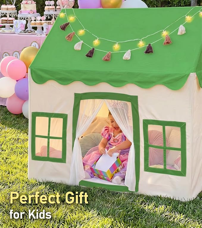 Little Dove Kids Play Tent with Mat, Star Lights, Tassel Garland, Toddler Playhouse with Windows Easy to Wash, Indoor and Outdoor Play Tents for Kids, Toys for Girls, Boys, Birthday Gift, Green