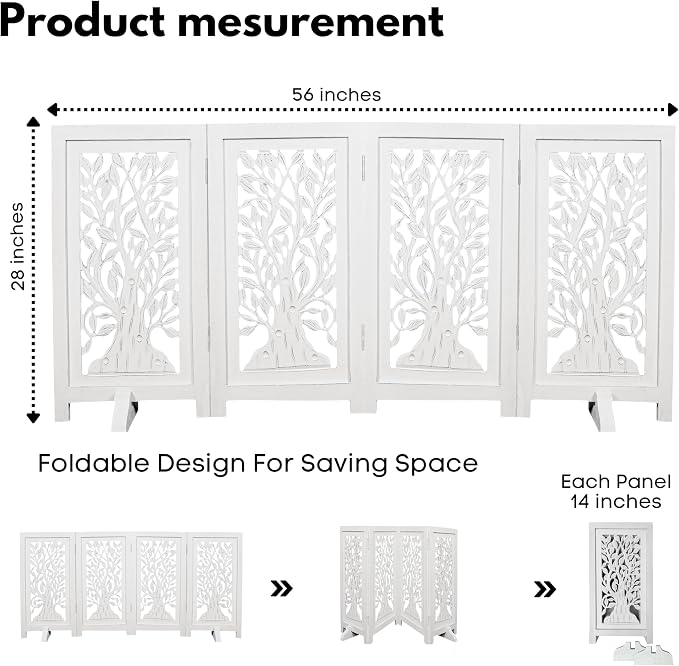 Decorative Wooden Dog Gate, 4 Panel Free Standing Folding Pet Fence, 56x28 Inch Indoor Dog Barrier for Doorway or Hallway, Sadie Design, White Antique