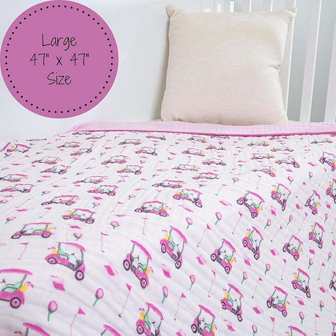 LollyBanks Muslin Baby Blanket, 100% Cotton Baby Quilt for Girls, Large 47 x 47 Inches, 6 Layers Soft and Breathable Toddler Blanket, Cozy Newborn Nursery Blankets, Registry (Pink Golf Print)