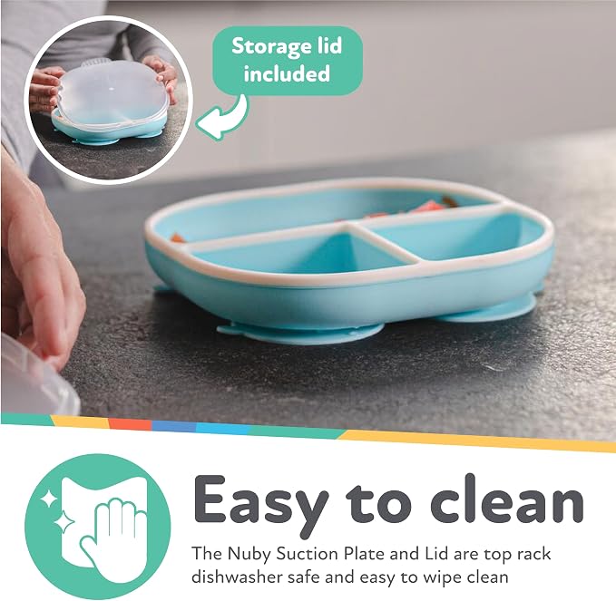Nuby Silicone Rectangle Suction Plate with Lid - Dishwasher-Safe Baby and Toddler Plate - 6+ Months - Aqua and Coral - Back to School Essentials