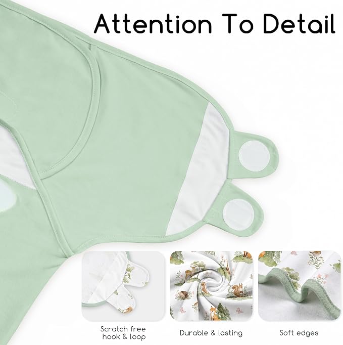 Baby Swaddles for Newborn Organic Cotton, Soft & Snug Velcro Swaddle 0-3 Months Sleep Sack Helps Calm Startle Reflex, 2-Pack Wrap Nursery Swaddling Green Jungle Animals