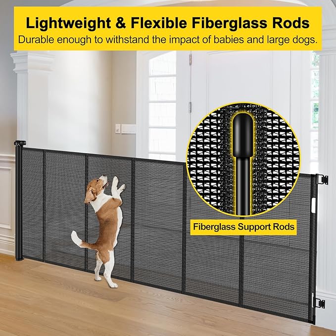 Reinforced 42??Tall x 130??Extra Wide Retractable Baby Gates Extra Tall Pet Gate for Wide Openings Long Dog gate with Rods to Prevent Crawling Through, Dog Gates for Doorways Indoor Outdoor, Black