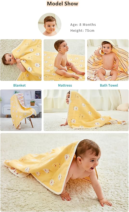 TONWHAR Muslin Baby Blankets,6-Layer Cotton Gauze, Soft and Breathable Baby Quilt,Kids Summer Blanket,Baby Bath Towel (Yellow Duck)
