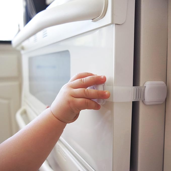 Child Safety Cabinet Locks (2 Pack) – Adjustable Baby Proofing Strap Latches with Strong 3M Adhesive – No Drill Childproof Locks for Drawers, Cabinets, Fridge, Door, Closet, Grey