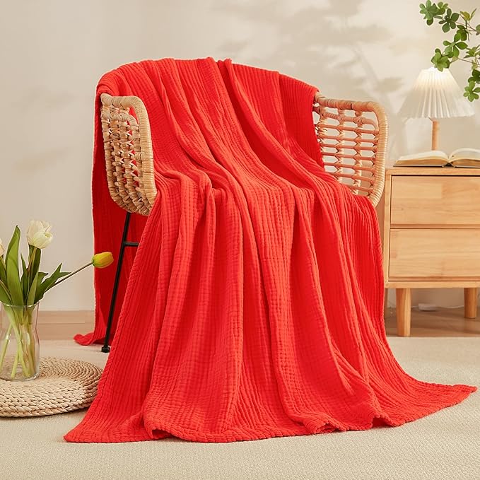 EMME Cotton Throw Blanket - 4-Layer 100% Muslin Soft, Breathable Gauze - All Season, Lightweight - Pre-Washed - Orange Rust, 50"x71"