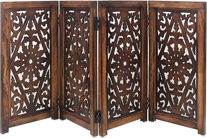 Croft&Cane Wooden Foldable Pet Dog Safety Gate – 4 Panel Freestanding Indoor Pet Fence - 13 inches W x 25 inches H – Hand-Carved Solid Wood & MDF – Fully Assembled - Dark Walnut