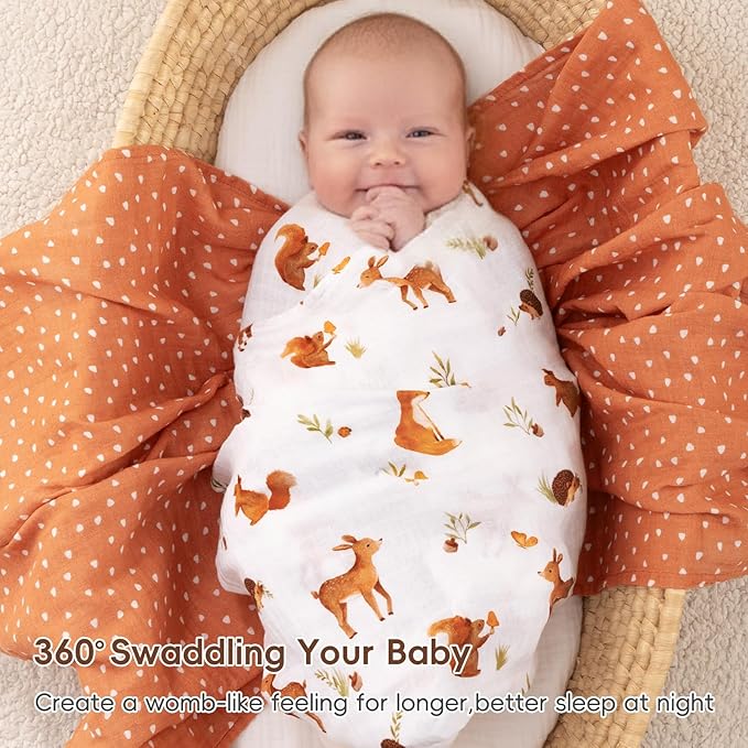 david's kids 4 Pack Baby Muslin Swaddle Blankets, 100% Cotton and Ultra Soft Breathable Receiving Blanket Wrap for Boys Girls, New Born Essentials, Large 47 x 47 inches, Forest Animals