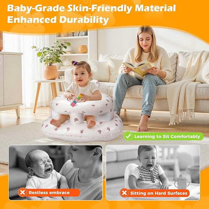 Inflatable Baby Seat for Babies 3??6 Months, Aloxina Sit Me Up Floor Chair with Built-in Air Pump, Extra-Wide Base & Anti-Tip Support, Infant Chair for Sitting & Feeding ??Bear