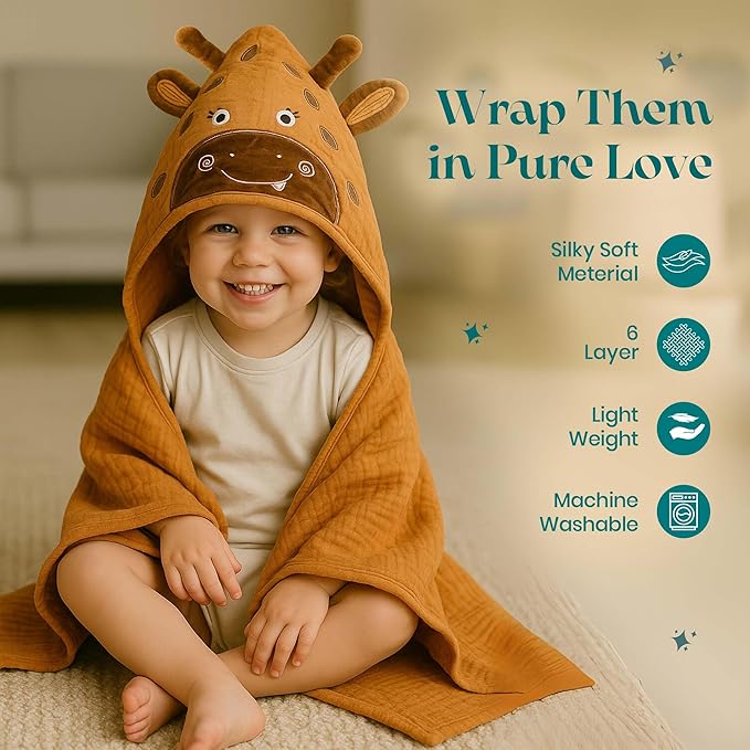 Chungie Soft Muslin Hooded Baby Towels 32x32 inches ??100% Cotton, 6-Layer Breathable Newborn Bath Towels with Hood, Pack of 2 (Printed + Embroidered)