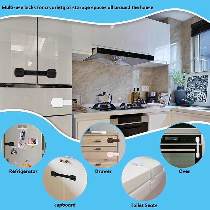 Cabinet Locks Provide Effective Baby Proofing - No Screws and Magnets Required Multi-purpose Suitable for Furniture Ovens Drawers Kitchens Toilet Seats (B - Black, 1 pack of 6)