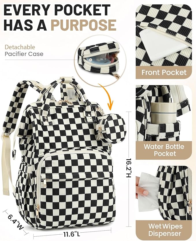 Corduroy Diaper Bag Backpack, Large Capacity Multifunction Baby Diaper Bags for Women, Insulated Bottle Pockets & Pacifier Case, Stylish Travel Nappy Changing Bags for Mom Dad (Checkered Black)