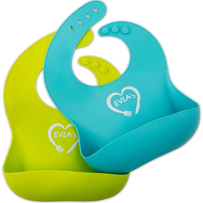 EVLA'S Baby Feeding Set, Baby Led Weaning Supplies, Adjustable Silicone Bibs, Divided Plate, Suction Bowl with Lid, Soft Spoons for Babies or Toddlers, Baby Registry must have!(Blue and Green)