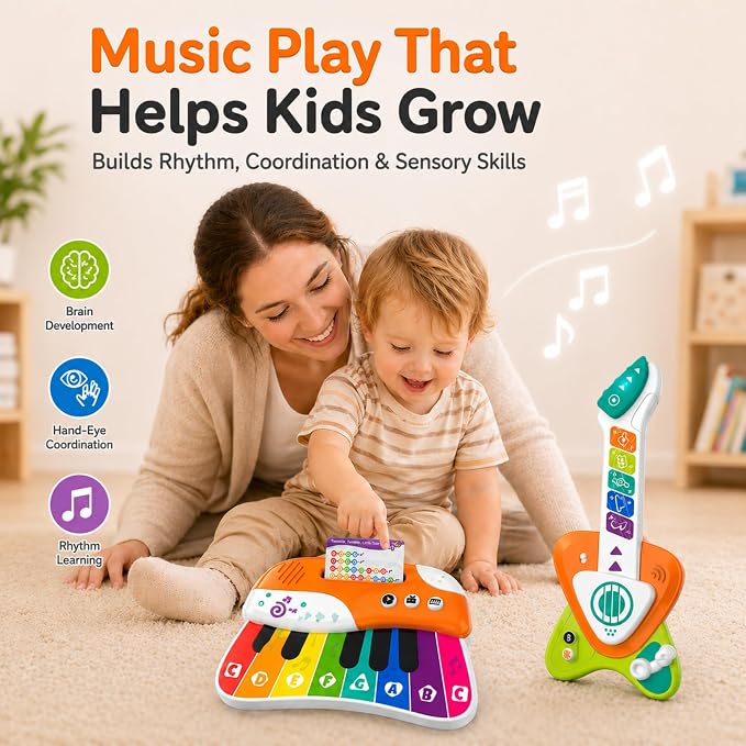 Toddler Guitar Toy 1-3, Baby Guitar with Touch Sensor Strings, 2 in 1 Guitar Piano Musical Toy for 1 2 3 Year Old Boys Girls, Educational Music Toy, Birthday Gift