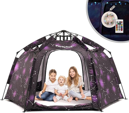 Portable Hexagon Kids Play Tent with LED Strip Lights Indoor Children Play House Easy Set-up Space Dream Tent for Night.4-5 Person Large Tents & Birthday Gifts