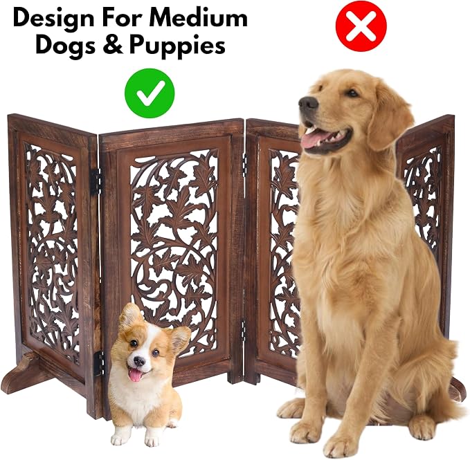 Folding Dog Gate for Indoor Use, 4 Panel Free Standing Wooden Pet Barrier, 56x28 Inch Decorative Lucy Design Dog Fence for Doorway, Stairs, or Hallway, Natural Burnt