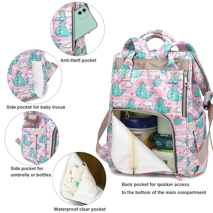 Whale Diaper Bag Backpack for Baby Girls, Mom Waterproof Large Nappy Bags for Women