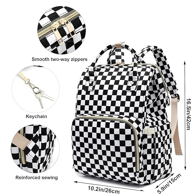 Checkered Diaper Bag Backpack for Baby Girls, Mom Waterproof Large Nappy Bags for Women