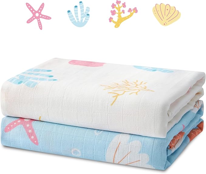 Muslin Swaddle Blankets for Newborn, 2 Pack Large 47"x47" Soft Breathable Bamboo Cotton Baby Blanket, Lightweight Receiving Blanket for Boys and Girls, Underwater Magic