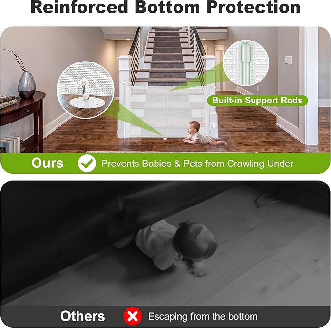 Reinforced Retractable Baby Gate for Stairs & Banister, 55" Wide Mesh Dog Gate, One-Handed Dual Lock Safety Gate for Kids & Pets, Fits Round & Square Posts (White)