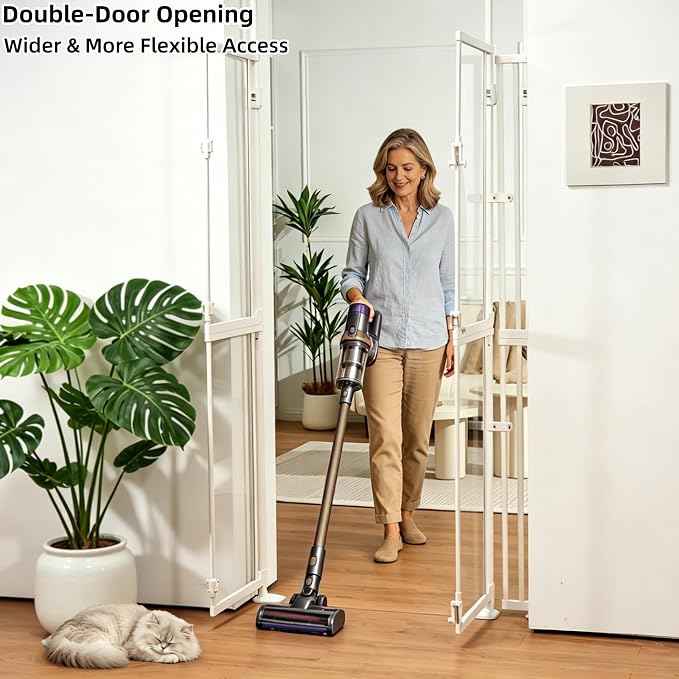 NiceTCU 74.80-98.43'' Extra Tall Cat Gate, Adjustable 33.86-37.40" Wide, Transparent Full Door Pet Gate, Auto Close No Drilling Cat Proof Safety Gate for Doorway Stairs- White