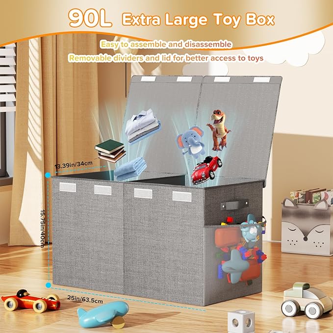 Large Toy Box Chest, Collapsible Sturdy Toy Storage Organizer Boxes Bins Baskets Dinosaur Kids Toy Chest Bin with Lids for Boys Girls Living Room Playroom Bedroom Nursery 25"x14"x16" Gray