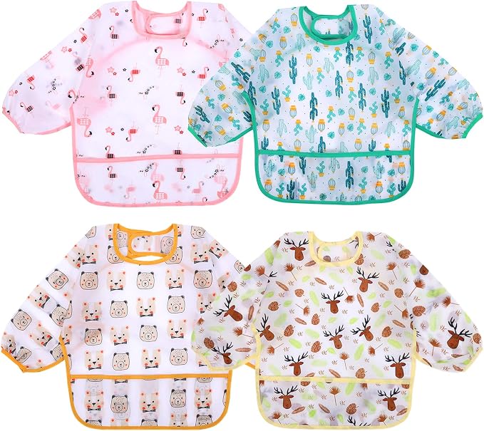 Accmor 4 Pack Long Sleeve Bibs, Baby Smock Waterproof Sleeved Bib Smock for Baby Toddler 6-36 Months