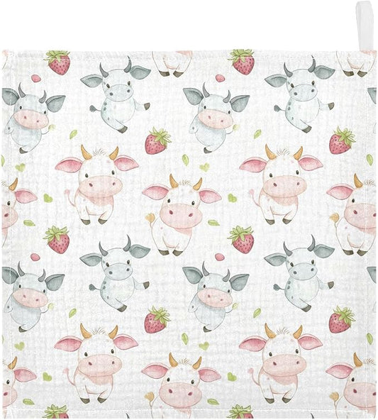 vvfelixl Baby Muslin Washcloths Cow Pink Cartoon Strawberry Baby Burp Cloths Cotton Babys Face Towel for Newborn Infants Boys Girls Soft and Absorbent 11.8 X 11.8 in, 3 Pack