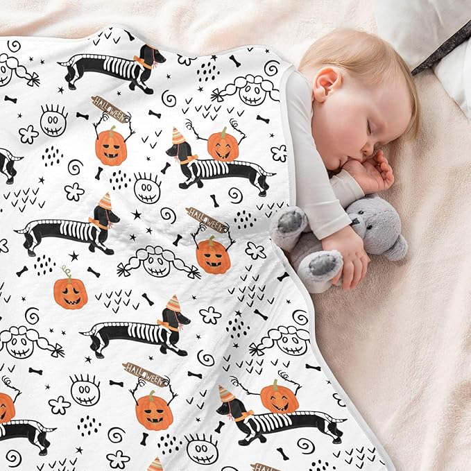 Ollabaky Halloween Dog Dachshund Skeleton Baby Blanket for Boys Girls Cotton Throw Blanket Swaddle Blanket for Crib Stroller Nursery Receiving Blanket Infant Toddler Unisex 30"x40"