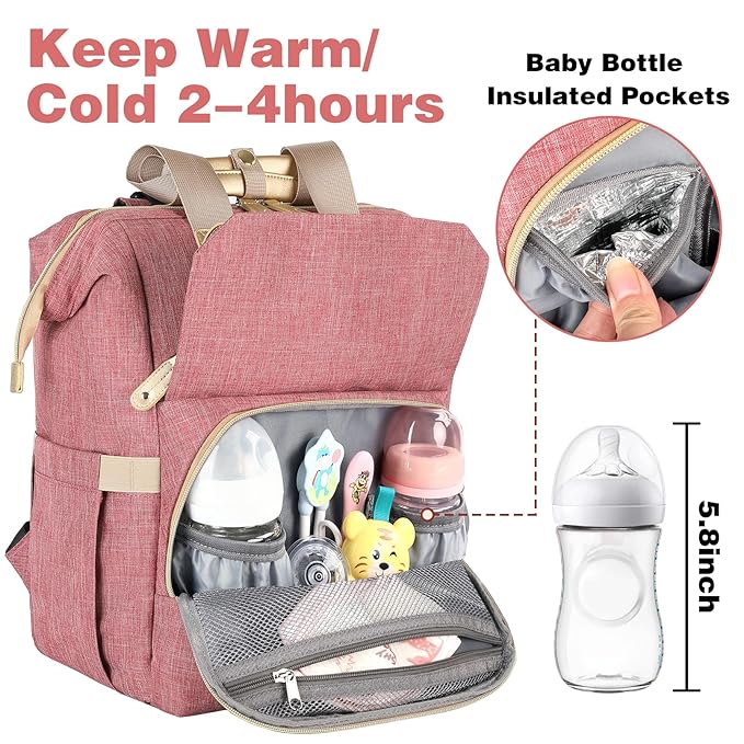 Jiefeike Diaper Bag Backpack, Pink Baby Girls Diaper Bag for Mom, Travel Baby Bags Backpack for Women, Insulated Pockets Portable toddler diaper bag, RFID Anti-Theft Pocket