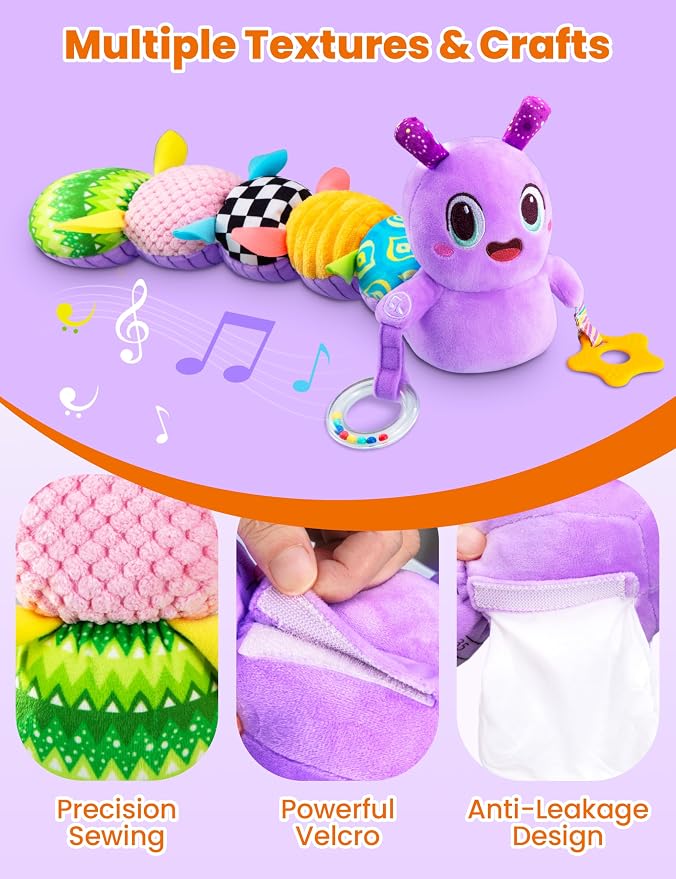 Musical Caterpillar Baby Sensory Toy for Infant Development 0-12 Months – Newborn Bath, Car Seat, Stroller & Bassinet Activity Toy & Gift – Tummy Time Crawler & Teether(Purple)