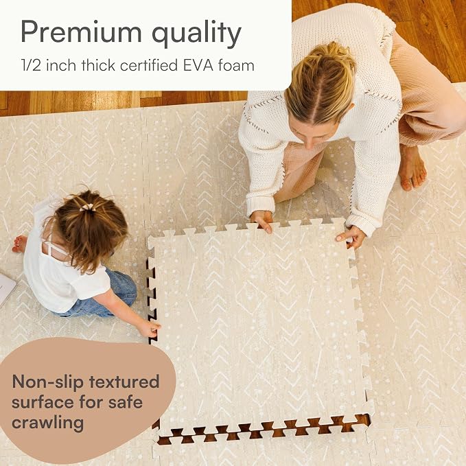 Lillefolk Baby Play Mat for Floor – 8x8ft Beige | PFAS Free Non Toxic Premium EVA Foam Tiles for Tummy Time, Crawling & Playpen – No Lose Edges Interlocking Floor Mat for Babies & Toddlers (16 Tiles)