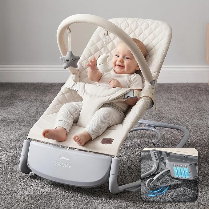 Orzbow Electric Baby Rocker & Toddler Chair, 3-Speed Auto-Rock, Up to 40lbs | Timer 30/60Min, 8 Soothing Melodies, 3 Recline Positions, 5 Volume Levels, Battery or Plug-In Powered, Machine-Washable Cover